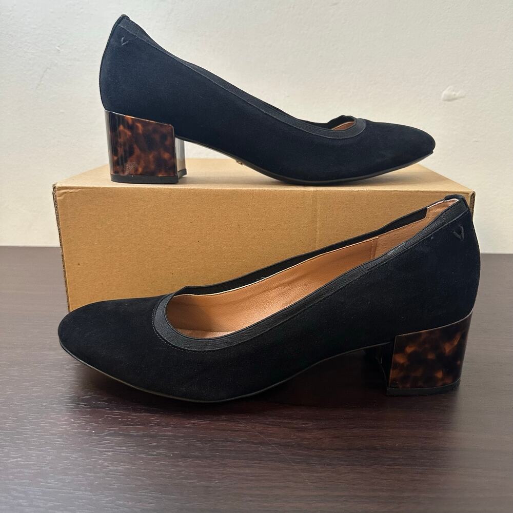Vionic Natalie Black Suede Tortoiseshell Block Heel Pumps, Size 9, Classic Comfy